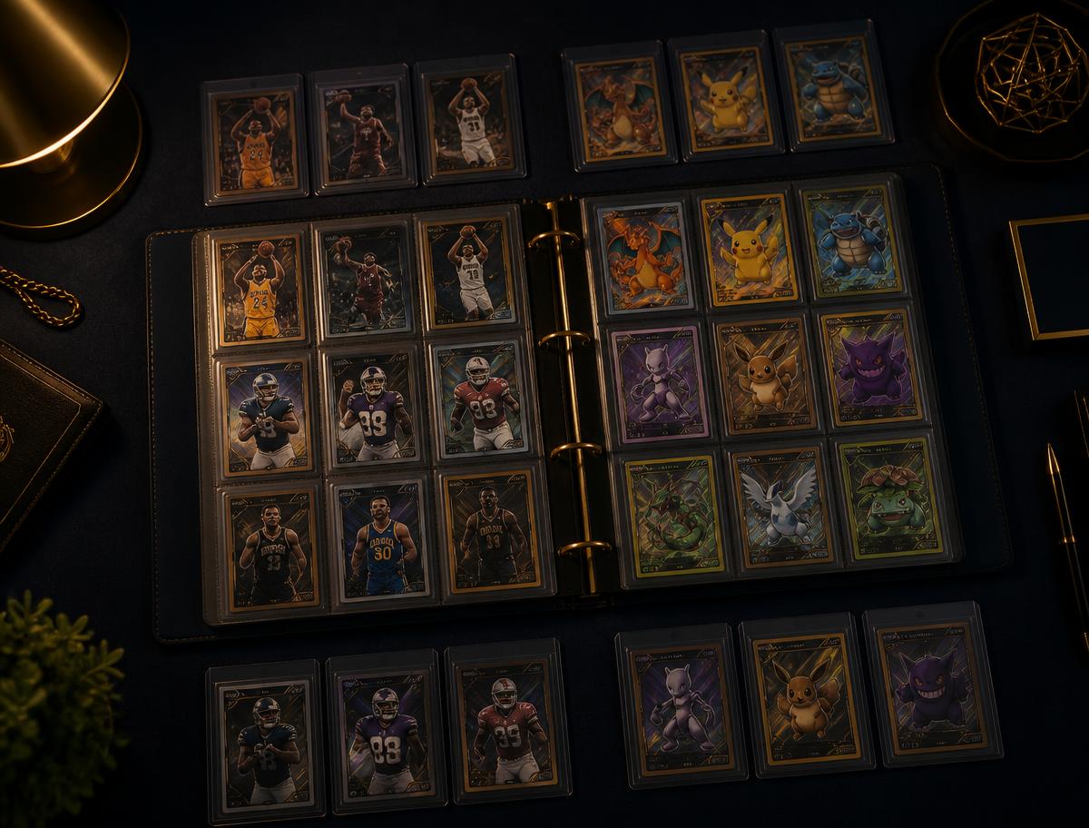 Trading card collection organized in a binder and top loaders