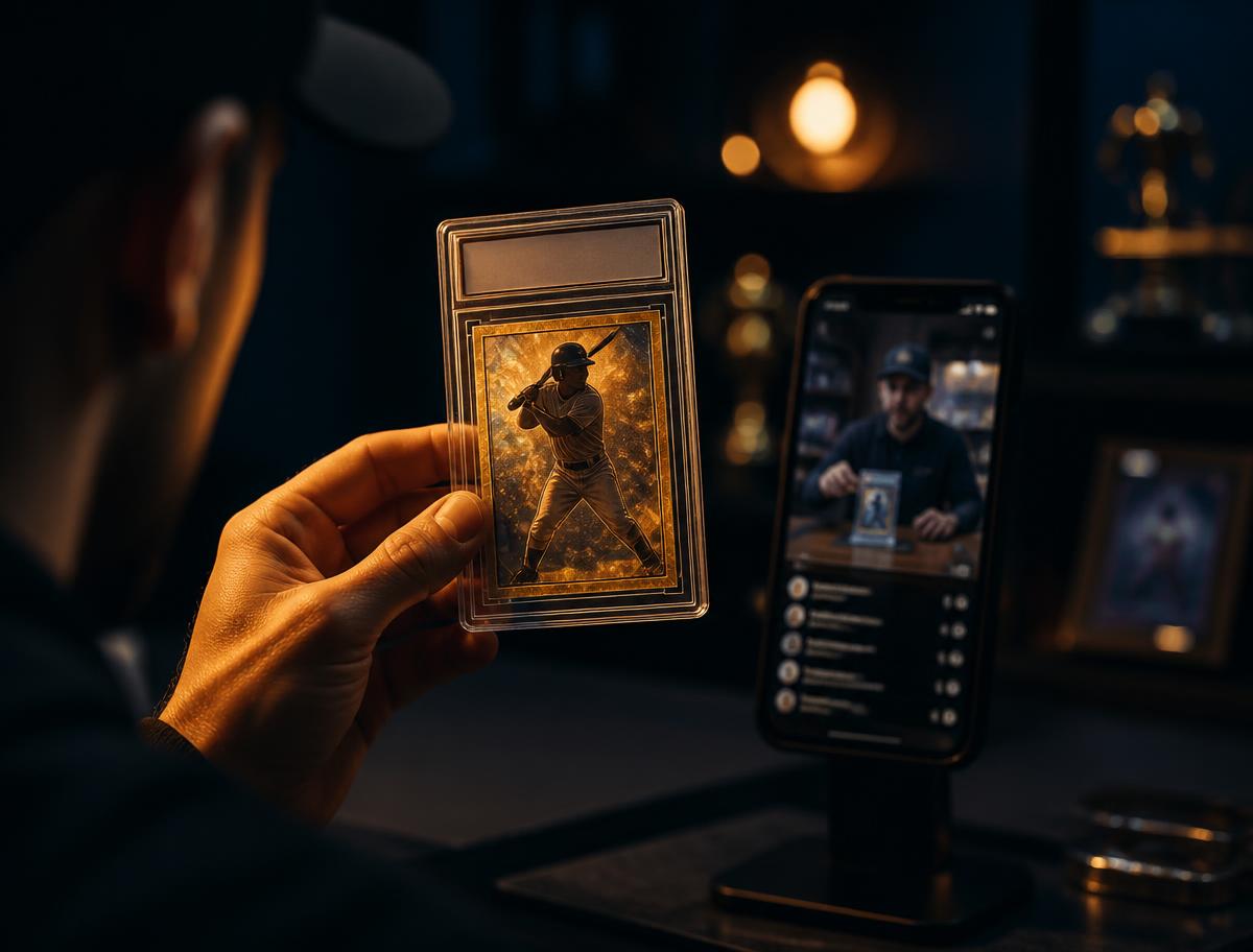 Collector holding a graded sports card while watching a live auction stream