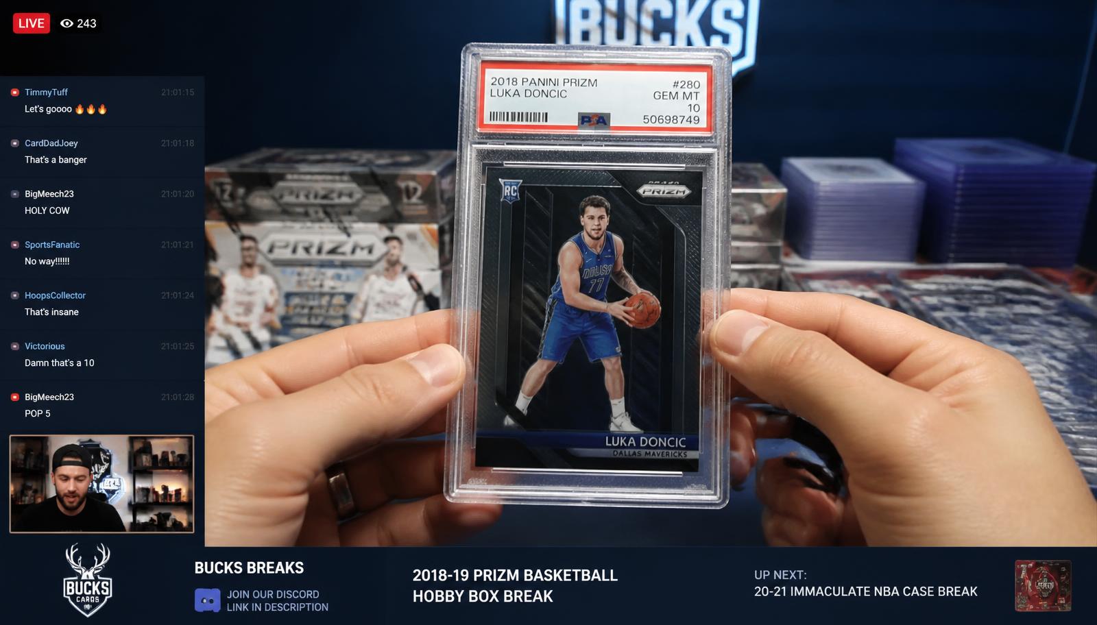 Live sports card auction stream with the CompGenies overlay showing eBay sold comps